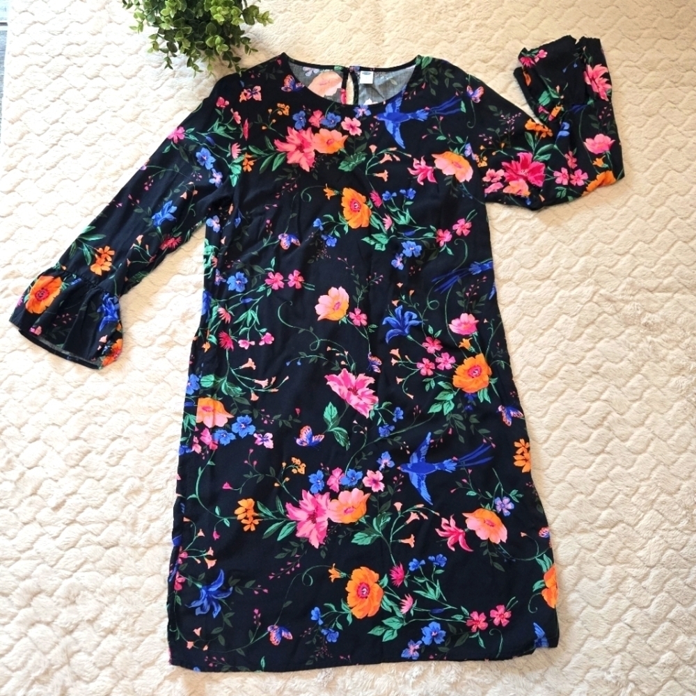 Old Navy Black Floral Ruffle Sleeve Shift Dress, Size Medium-Tall